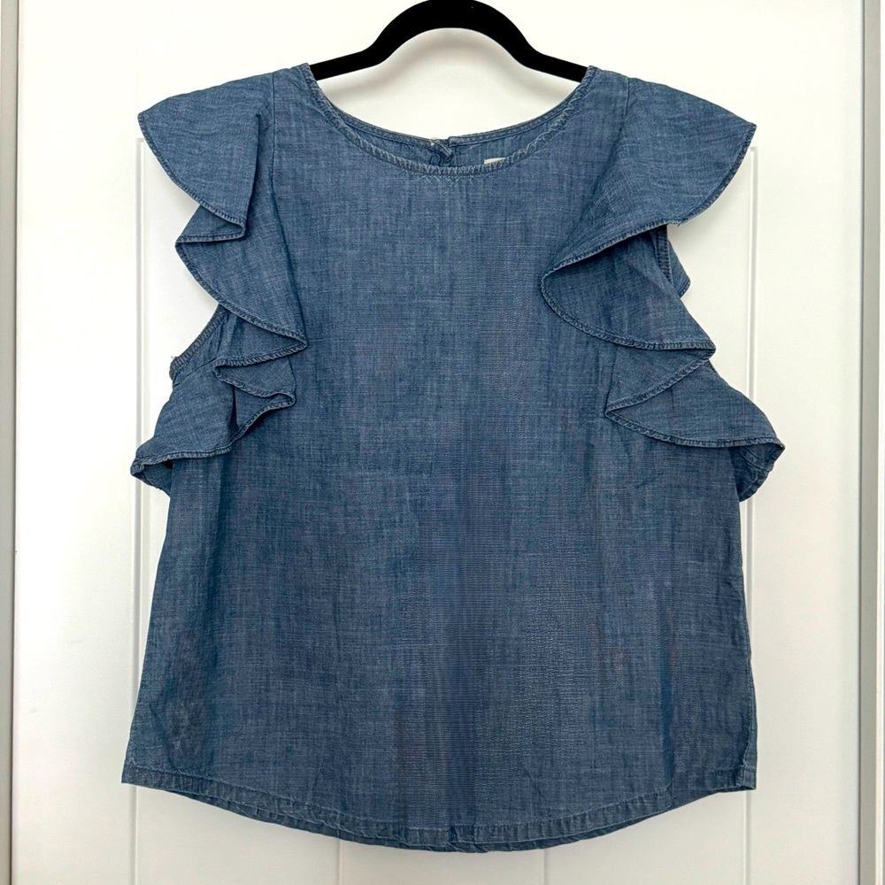 J. Crew Denim Blue Ruffle Sleeve Blouse